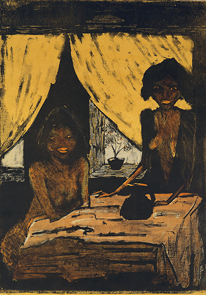 dwie dziewczynki na tle okna z żółtymi zasłonami, obraz w ciemnej tonacji
