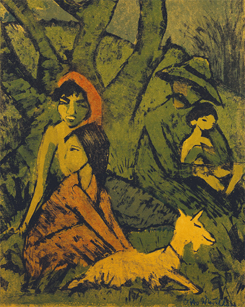 rodzina z kozą (żółte postacie na zielonym tle)