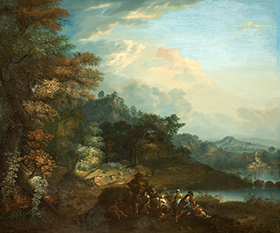 Johann Christian Bendeler, Pejzaż z wieśniakami odpoczywającymi na brzegu jeziora, 1713