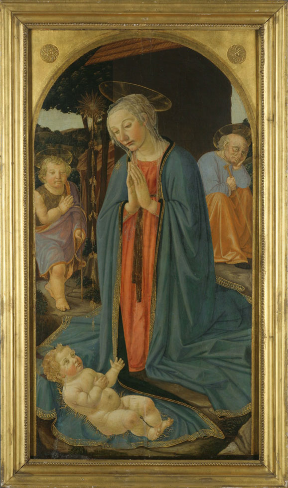 Klęcząca Matka Boska okryta niebieskim płaszczem, na jego rogu leży Dzieciątko Jezus