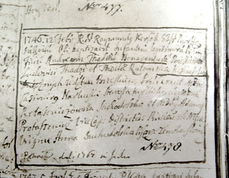 Zapis z księgi parafialnej po łacinie potwierdzający chrzest Tadeusza Kościuszki