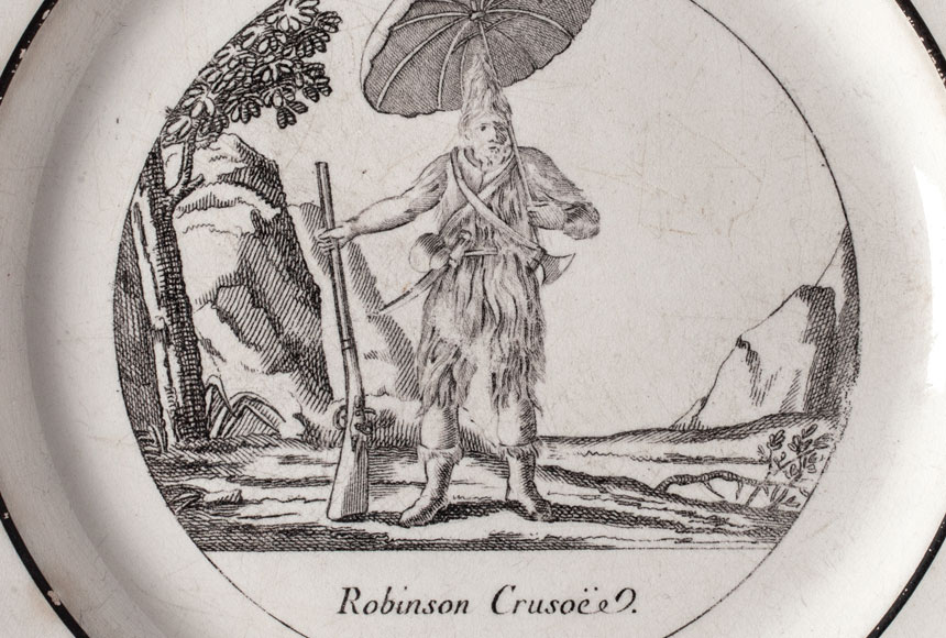 Ceramika z graficznym przedstawieniem Robinsona z muszkietem i parasolem, ubranego w kaftan ze skóry – fragment