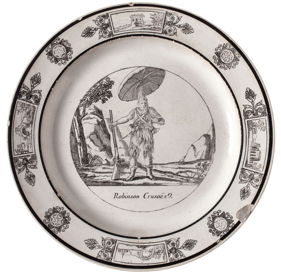 Ceramika z graficznym przedstawieniem Robinsona z muszkietem i parasolem, ubranego w kaftan ze skóry