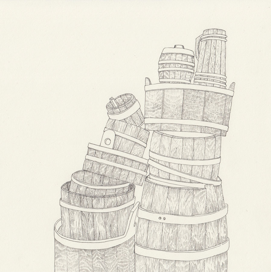 Ilustracja przedstawiająca stos naczyń, różnej wielkości balii i beczek wykonanych przez bednarza