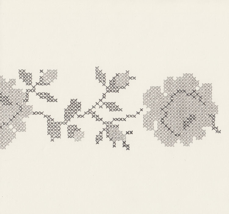 Ilustracja przedstawiająca haft krzyżykowy układający się we wzór – gałązki z kwitnącymi różami