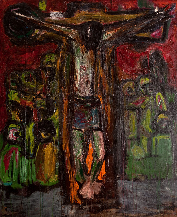 wiszący na krzyżu centralnie Jezus, w tle postacie