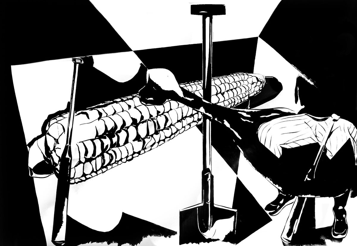czarnobiala-ilustracja z elementami gry w base-ball: jest tu kukurydza, pałka, rękawica oraz nieoczekiwanie szpadel