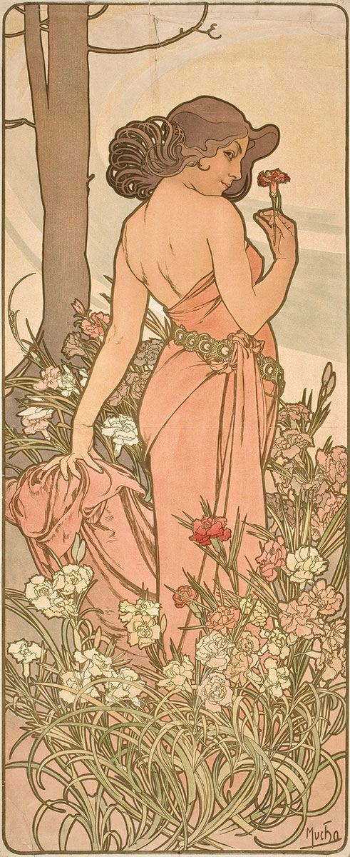 dziewczyna w długiej różowej sukni na tle kwiatów