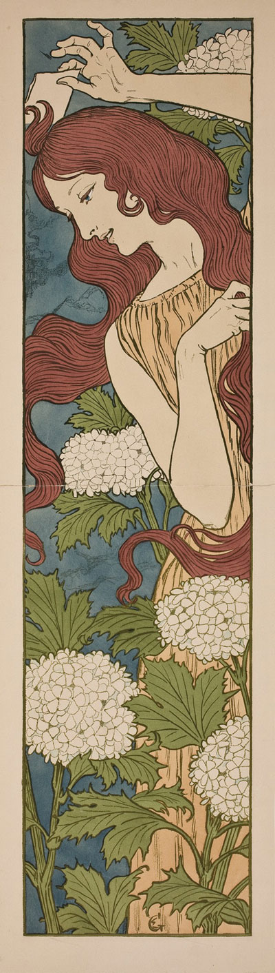 Dziewczyna o wijących się, długich brązowych włosach na tle białych kwiatów