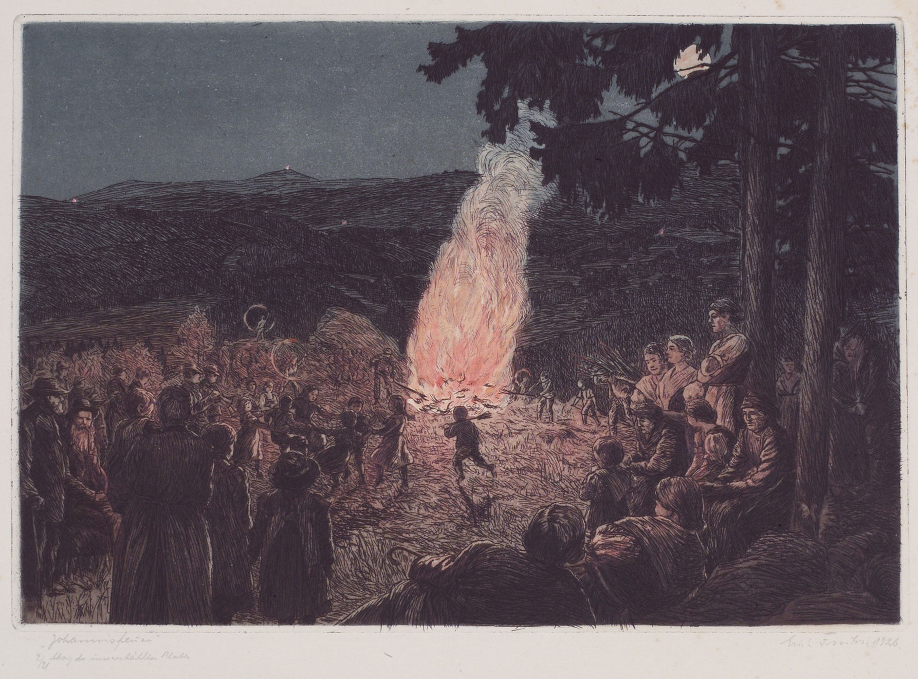 grafika z nocnym ogniskiem i zgromadzonymi wokół niego postaciami