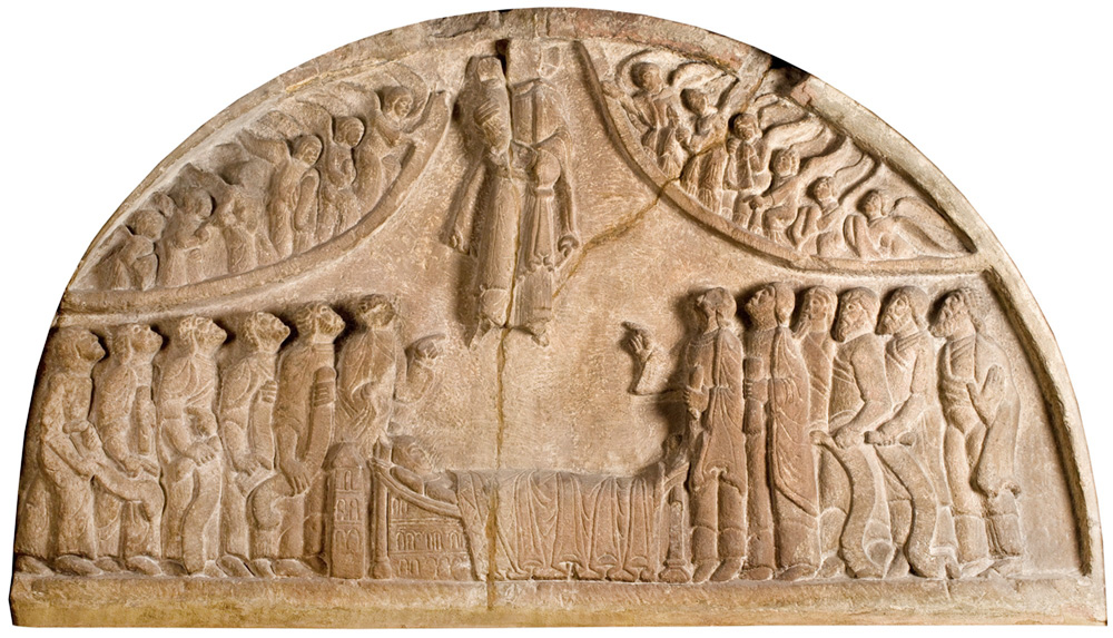kamienna płaskorzeźba z przedstawieniem Chrystusa, Marii i Świętych