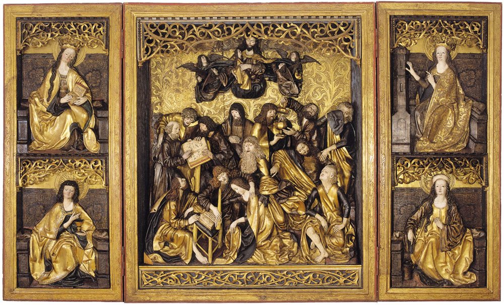 dwuskrzydłowy drewniany złocony ołtarz – szczegółowo wyrzeźbione postaci Marii, Chrystusa i Świętych