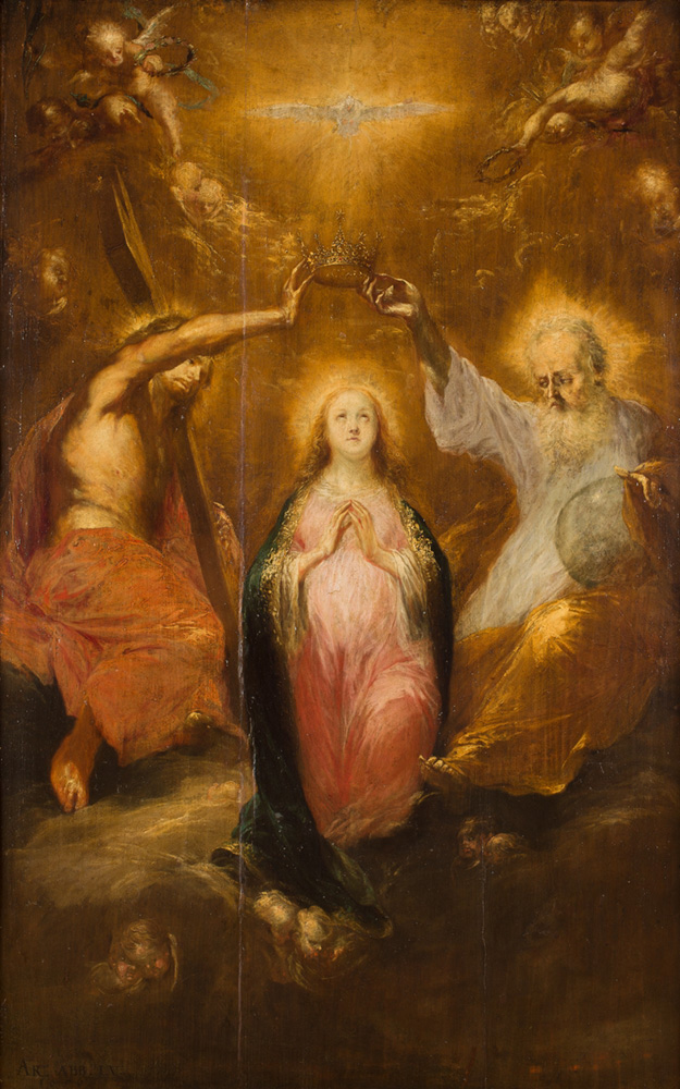 w centralnym miejscu modląca się Maria, wokół niej Trójca Święta