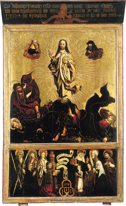złocona tablica z Jezusem na górze i rozdziną zmarłych z aniołami w dolnej części epitafium