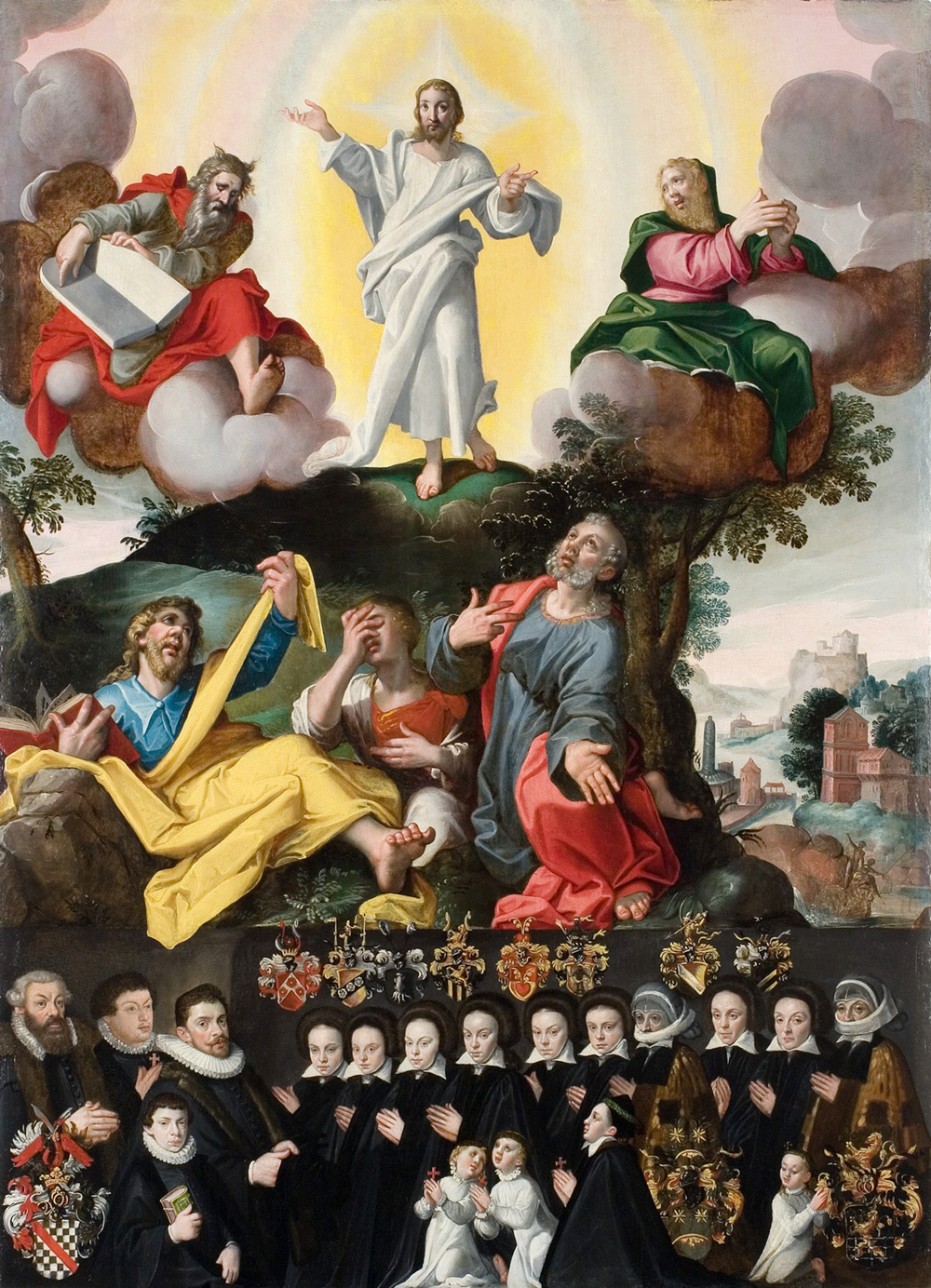 barwnie namalowane przedstawienie z Chrystusem w górnej części i modlącą się rodziną w dolnej części obrazu