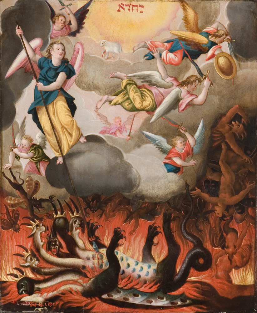 barwny obraz – w górnej części walczący aniołowie i Archanioł Michał wbijający grot w pierś wielogłowego smoka – leżącego w dolnej części obrazu