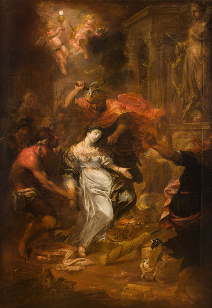 W centralnej części obrazu Barbara, której z szyi spływa krew, obok niej jej kaci