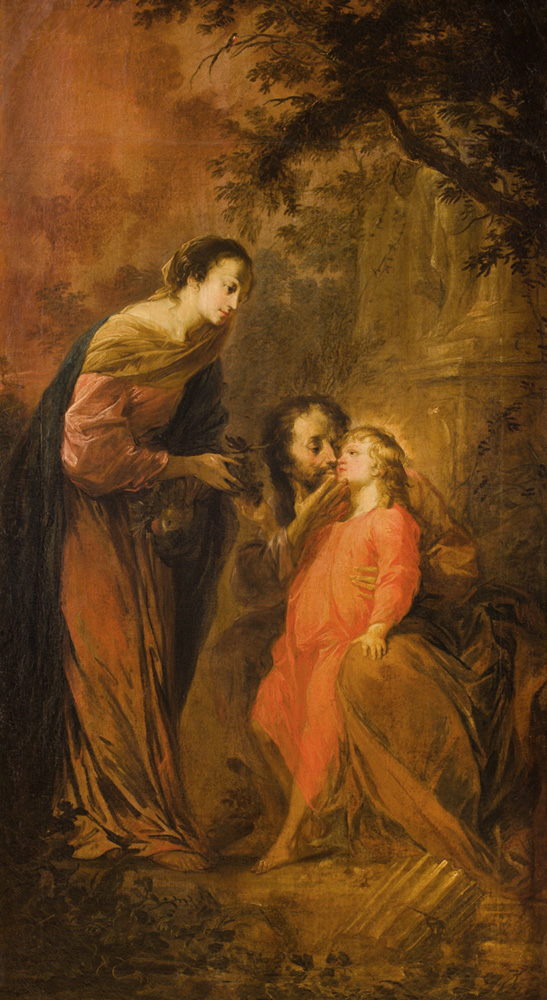 Józef całuje w policzek Jezusa, obok stoi piękna Maria