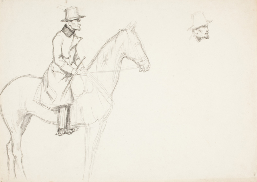 szkic przedstawia siedzącego na koniu mężczyznę w płaszczu i kapeluszu