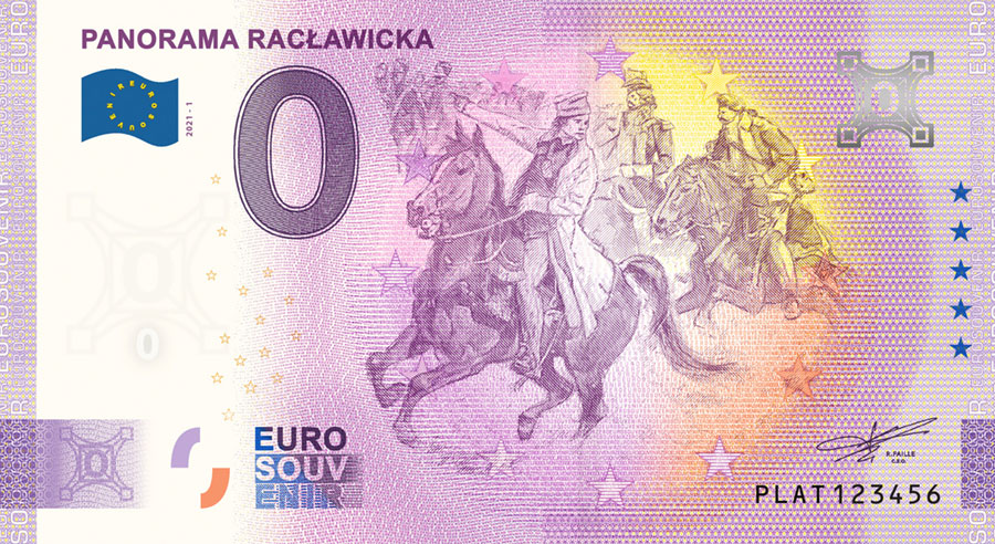 Banknot zero euro z Tadeuszem Kościuszką i Panoramą Racławicką