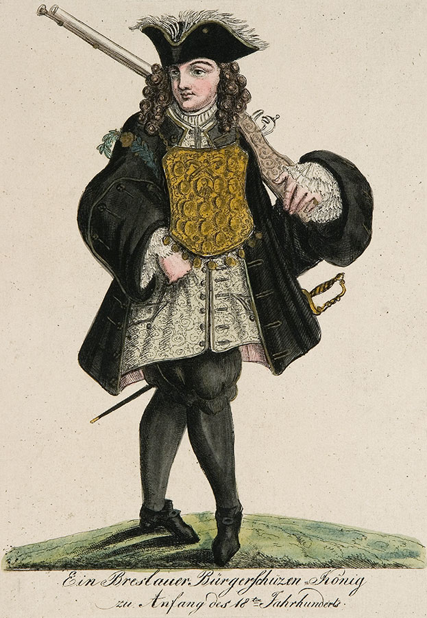 Portert XVIII-wiecznego strzelca z orderami bractwa kurkowego, szablą i strzelbą