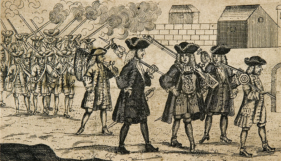 czarno-biała grafika przedstawiająca grupę idących strzelców