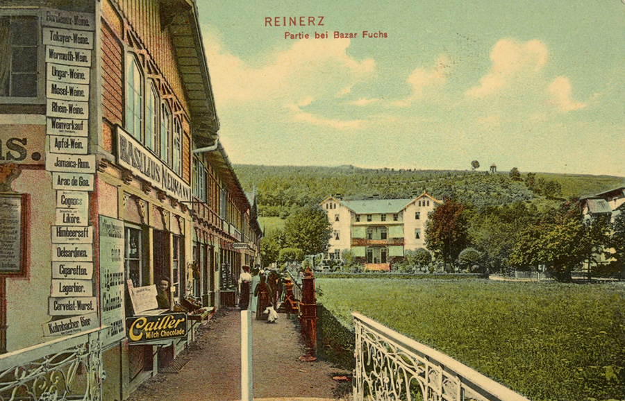 kolorowa kartka pamiątkowa z widokiem na uliczkę i widok okolicy