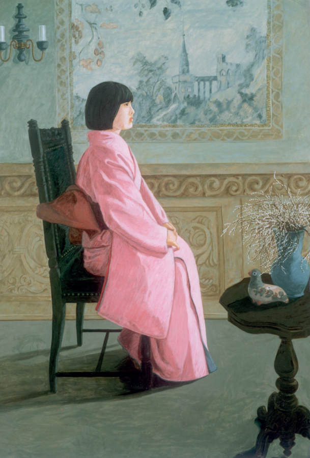 Praca Eiko Shimizu – japońska dziewczyna w różowym kimonie