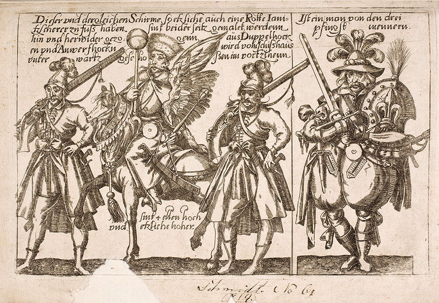 czarno-biała ilustracja przedstawiająca czterech pozujących strzelców