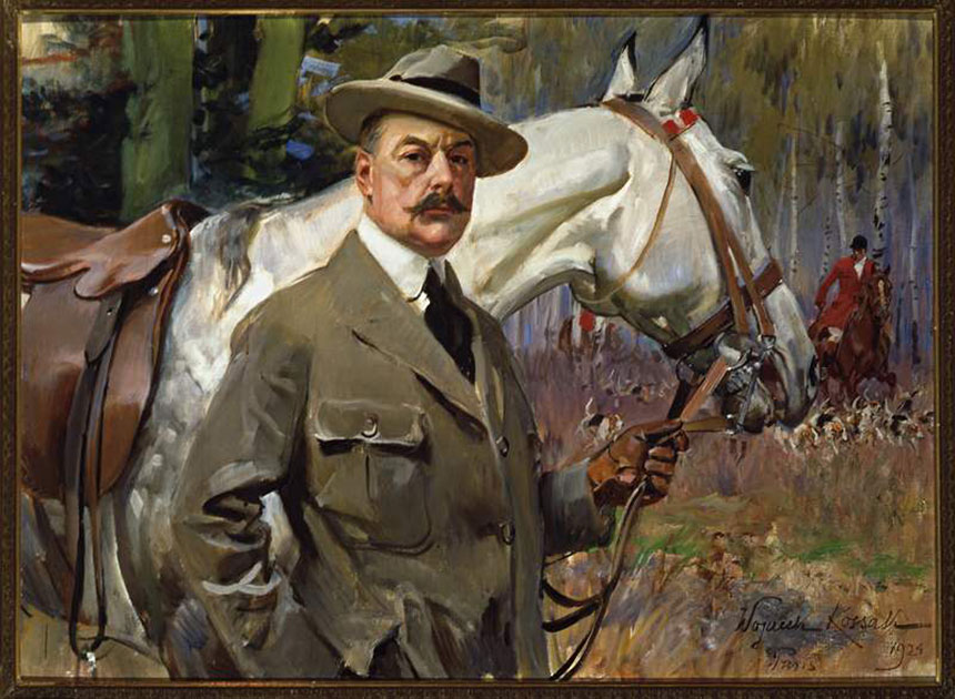 Wojciech Kossak, „Autoportret z koniem na polowaniu”, 1924