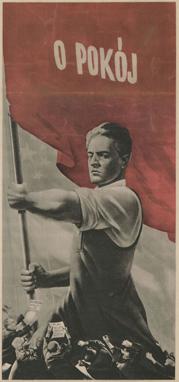 Ilustracja z FOTO-GAZETY (1952) – mężczyzna trzyma sztandar z napisem „O pokój”