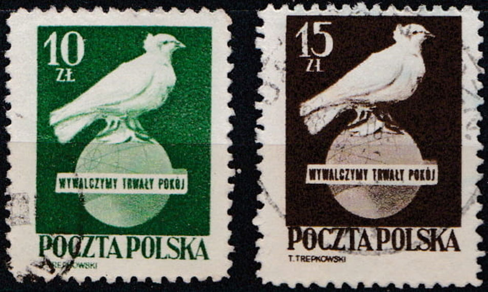 Polskie znaczki pocztowe z 1950 r. przedstawiające gołąbki pokoju