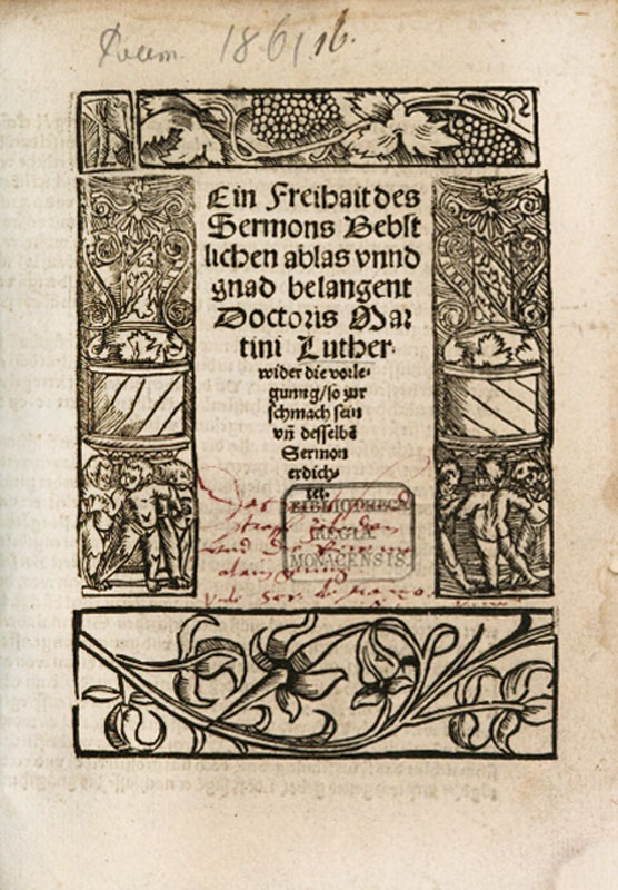 Typowy układ strony tytułowej z bordiurą złożoną z bloczków w druku z 1520 roku.