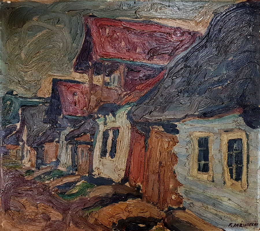 Obraz Franciszka Jaźwieckiego Krościenko po konserwacji (stonowane kolory, ciemny ton)
