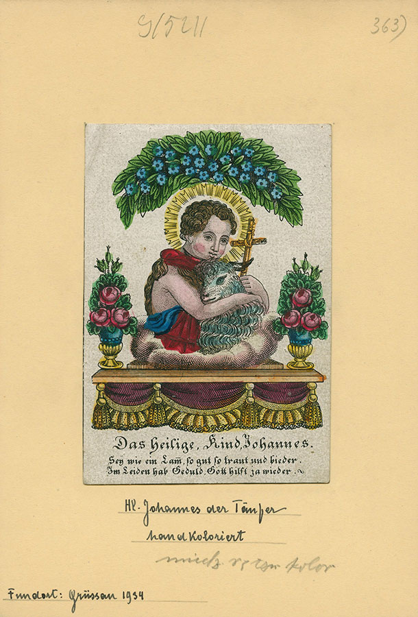 Mały Jan Chrzciciel, miedzioryt ręcznie kolorowany, autor nieznany, XIX w.