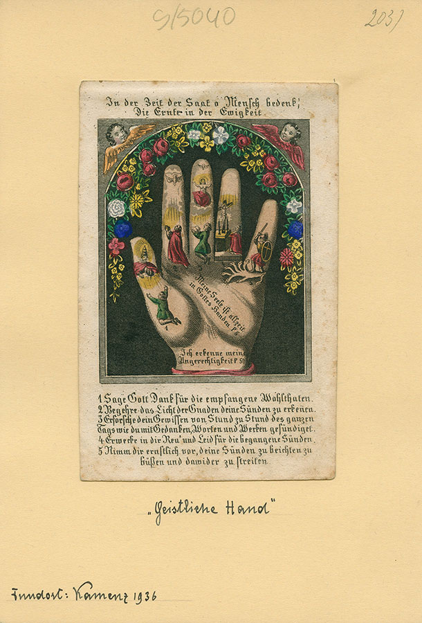 „Ręka duchowna”, staloryt ręcznie kolorowany, autor nieznany, XIX w.