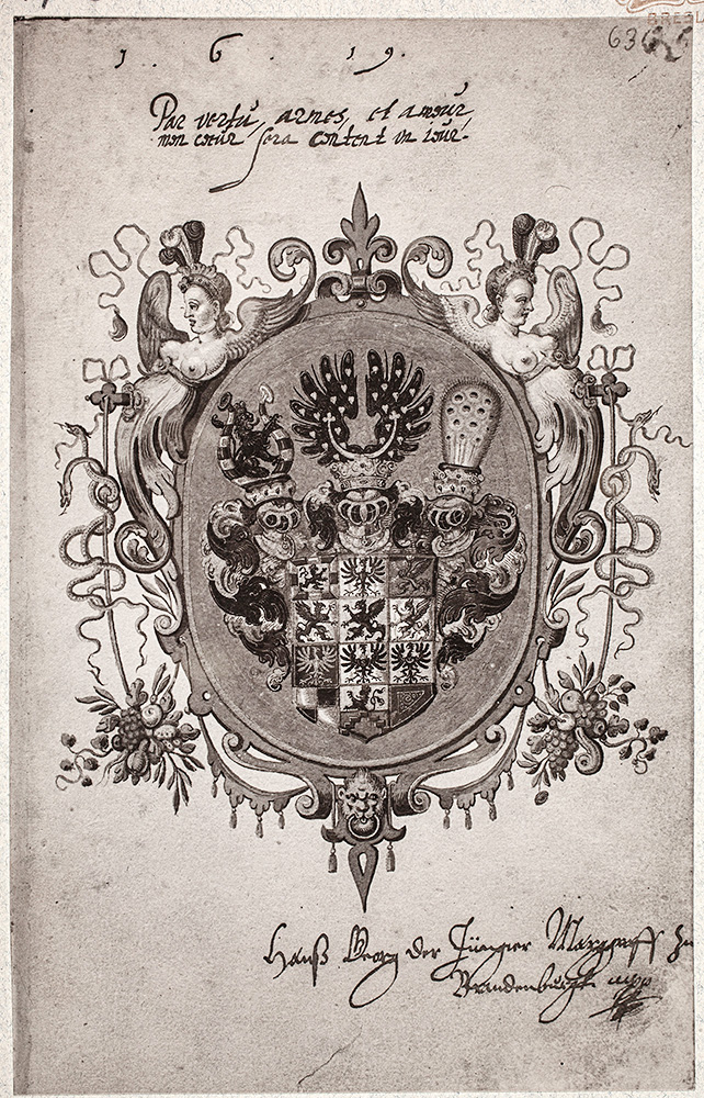 Herb Johanna Georga Młodszego Hohenzollerna z 1619 r. z zaginionego sztambucha Bractwa z Wyspy. Miniatura Andreasa Hempela