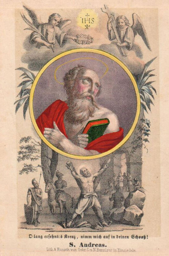 Św. Andrzej apostoł, Benziger, Einsiedeln, XIX w. (?), litografia ręcznie kolorowana.