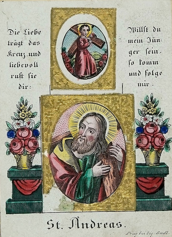 Sigmund Rudl, Św. Andrzej apostoł, Praga, XIX w., miedzioryt ręcznie kolorowany