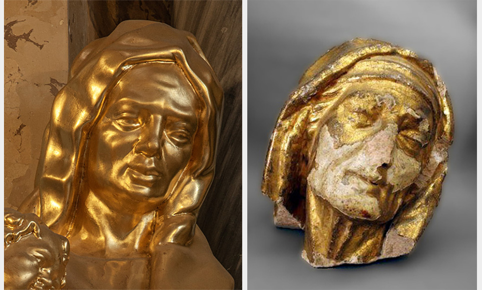 Głowy figury św. Anny – kopia i oryginał rzeźby Johanna Georga Urbansky’ego