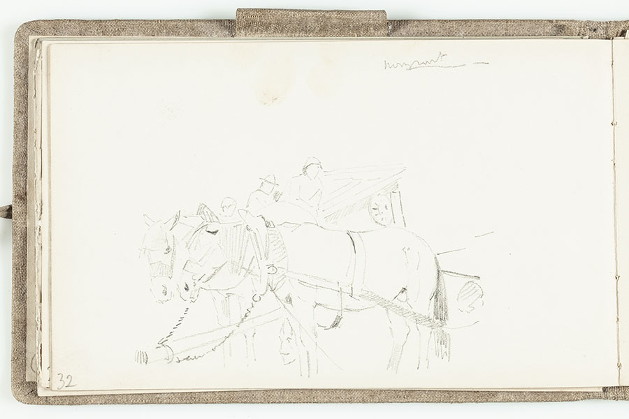 Szkicownik Jacka Malczewskiego, 1888; Para koni zaprzężonych do wozu