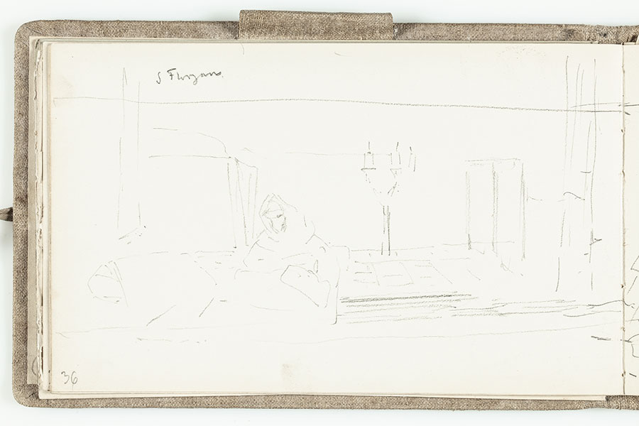 Szkicownik Jacka Malczewskiego, 1888; Szkic postaci siedzącej we wnętrzu pod dużym świecznikiem