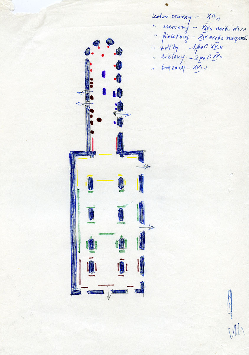 Plan kościoła pw. św. Wincentego we Wrocławiu z kolorystycznym oznaczeniem partii ekspozycji