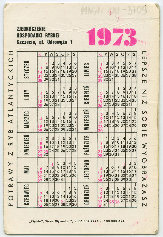 Kalendarz listkowy na rok 1973