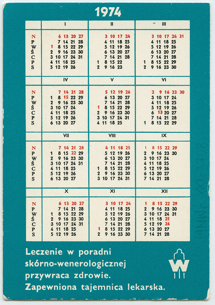 Kalendarz listkowy na rok 1974