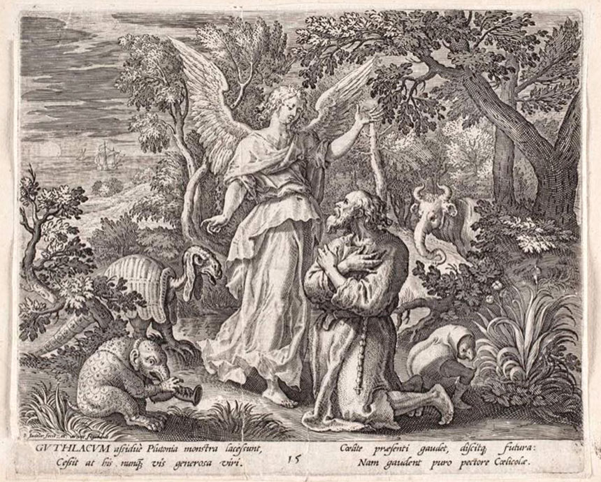 Raphael Sadeler wg Maertena de Vosa, „Św. Gutlak z Crowland”, 1594