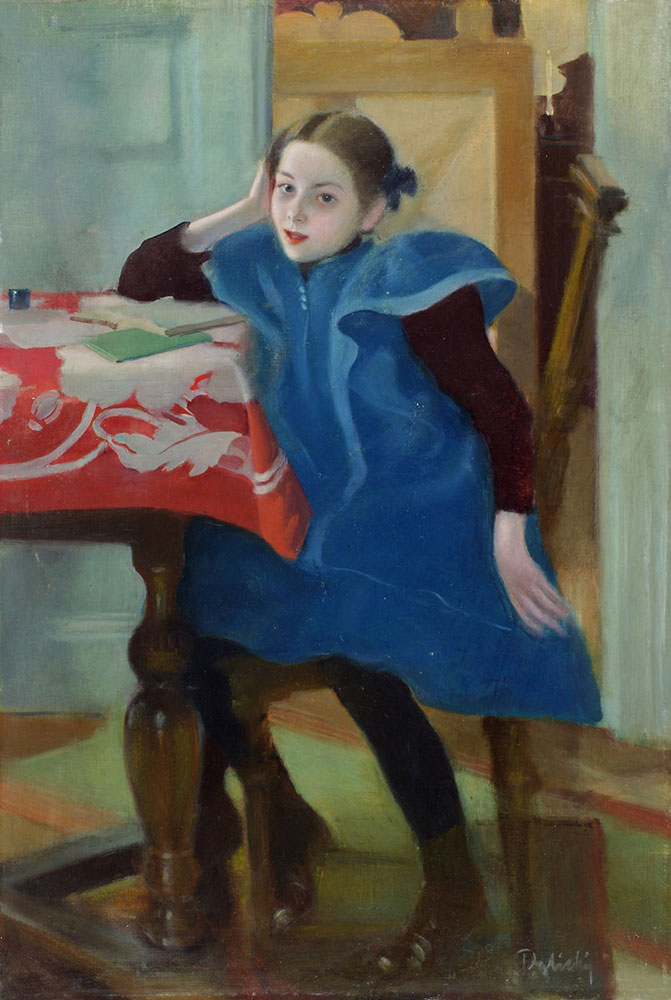 Stanisław Dębicki , Dziewczynka przy lekcji, 1910–1912