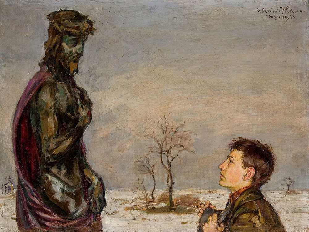 Vlastimil Hofmann, Chłopiec przed figurą Chrystusa, 1913
