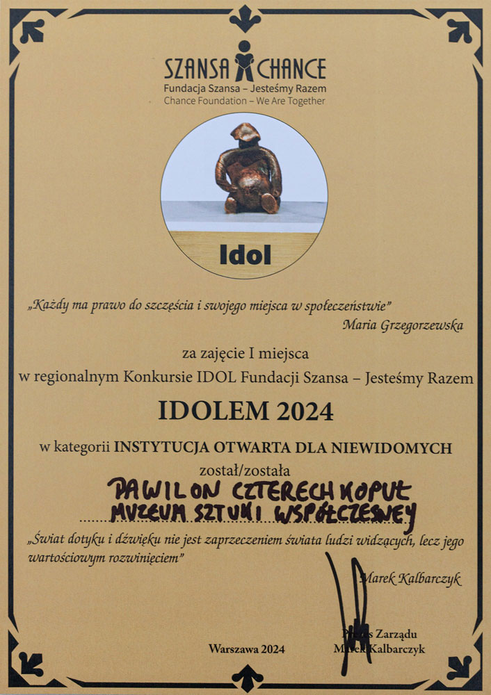 Dyplom nagrody IDOL 2024 dla Pawilonu Czterech Kopuł