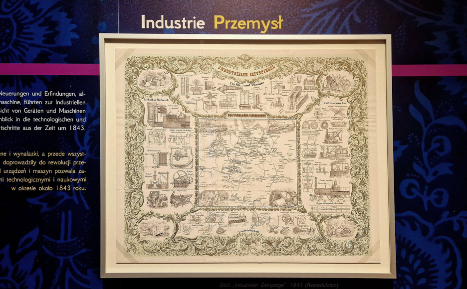 Reprodukcja ryciny nieznanego autora pt. „Przemysłowe zwierciadło czasu” z 1843 roku